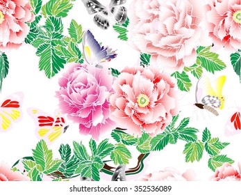 Seamless floral pattern with bouquet of colorful flowers and butterflies on a white background. Peonies, roses, sweet peas, bell. Vector illustration