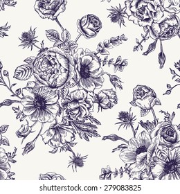 Seamless floral pattern with bouquet of flowers on a white background. Roses, anemones, eustoma. Black and white.