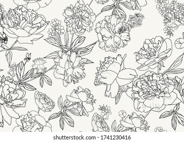 Seamless floral pattern - a bouquet of peonies. Beautiful textile pattern of flowers and leaves.