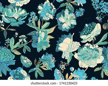 Seamless floral pattern - a bouquet of peonies. Beautiful textile pattern of flowers and leaves.