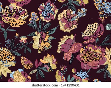 Seamless floral pattern - a bouquet of peonies. Beautiful textile pattern of flowers and leaves.