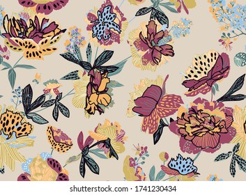 Seamless floral pattern - a bouquet of peonies. Beautiful textile pattern of flowers and leaves.