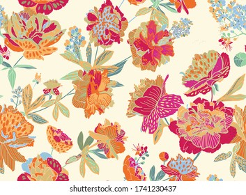 Seamless floral pattern - a bouquet of peonies. Beautiful textile pattern of flowers and leaves.