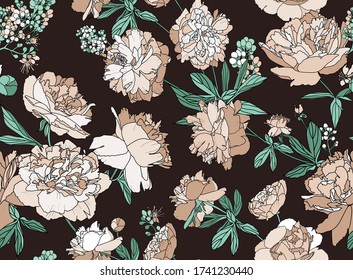 Seamless floral pattern - a bouquet of peonies. Beautiful textile pattern of flowers and leaves.