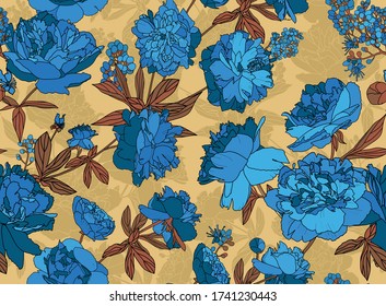 Seamless floral pattern - a bouquet of peonies. Beautiful textile pattern of flowers and leaves.