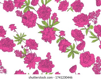 Seamless floral pattern - a bouquet of peonies. Beautiful textile pattern of flowers and leaves.