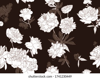 Seamless floral pattern - a bouquet of peonies. Beautiful textile pattern of flowers and leaves.