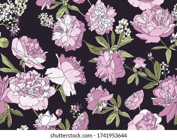 Seamless floral pattern - a bouquet of peonies. Beautiful textile pattern of flowers and leaves.