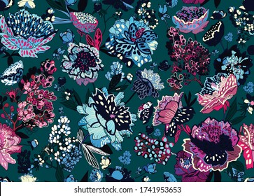 Seamless floral pattern - a bouquet of peonies. Beautiful textile pattern of flowers and leaves.