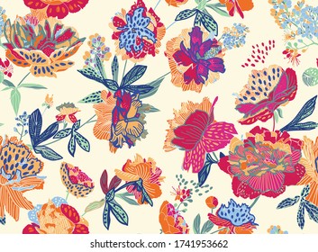 Seamless floral pattern - a bouquet of peonies. Beautiful textile pattern of flowers and leaves.