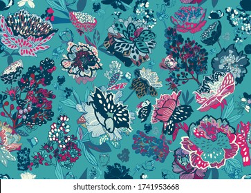 Seamless floral pattern - a bouquet of peonies. Beautiful textile pattern of flowers and leaves.