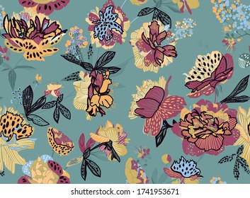 Seamless floral pattern - a bouquet of peonies. Beautiful textile pattern of flowers and leaves.