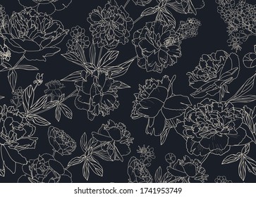 Seamless floral pattern - a bouquet of peonies. Beautiful textile pattern of flowers and leaves.