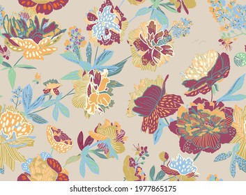 Seamless floral pattern - a bouquet of peonies. Beautiful textile pattern of flowers and leaves.