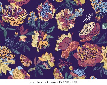 Seamless floral pattern - a bouquet of peonies. Beautiful textile pattern of flowers and leaves.