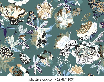 Seamless floral pattern - a bouquet of peonies. Beautiful textile pattern of flowers and leaves.