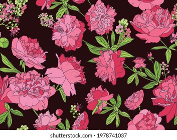 Seamless floral pattern - a bouquet of peonies. Beautiful textile pattern of flowers and leaves.