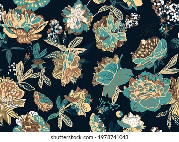 Seamless floral pattern - a bouquet of peonies. Beautiful textile pattern of flowers and leaves.