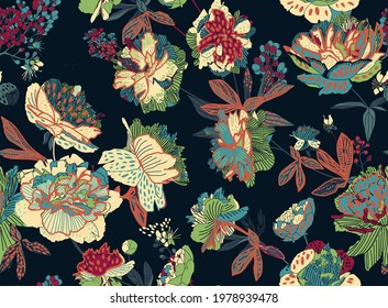 Seamless floral pattern - a bouquet of peonies. Beautiful textile pattern of flowers and leaves.