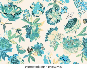 Seamless floral pattern - a bouquet of peonies. Beautiful textile pattern of flowers and leaves.