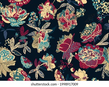 Seamless floral pattern - a bouquet of peonies. Beautiful textile pattern of flowers and leaves.