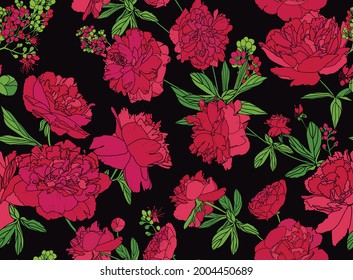 Seamless floral pattern - a bouquet of peonies. Beautiful textile pattern of flowers and leaves.