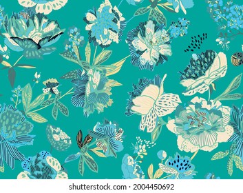 Seamless floral pattern - a bouquet of peonies. Beautiful textile pattern of flowers and leaves.