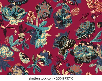 Seamless floral pattern - a bouquet of peonies. Beautiful textile pattern of flowers and leaves.