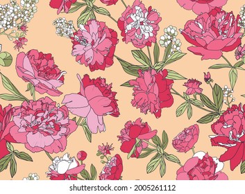 Seamless floral pattern - a bouquet of peonies. Beautiful textile pattern of flowers and leaves.