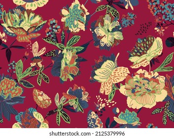 Seamless floral pattern - a bouquet of peonies. Beautiful textile pattern of flowers and leaves.