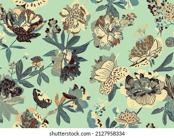 Seamless floral pattern - a bouquet of peonies. Beautiful textile pattern of flowers and leaves.