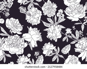 Seamless floral pattern - a bouquet of peonies. Beautiful textile pattern of flowers and leaves.