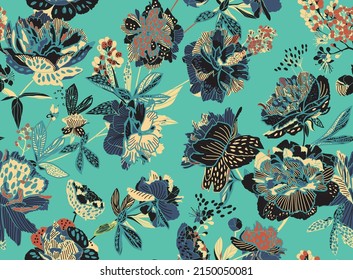 Seamless floral pattern - a bouquet of peonies. Beautiful textile pattern of flowers and leaves.