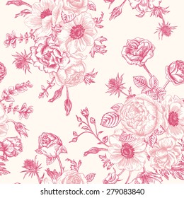 Seamless floral pattern with bouquet of pink flowers on a white background. Roses, anemones, eustoma. 