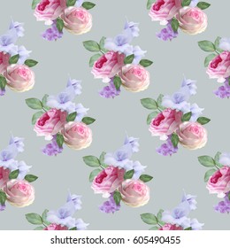 Seamless floral pattern with bouquet of roses, gladiolus and phloxes on light green background. Vector illustration.