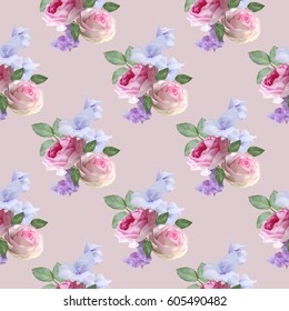 Seamless floral pattern with bouquet of roses, gladiolus and phloxes on pinkish background. Vector illustration.