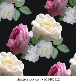 Seamless floral pattern with bouquet of roses and azaleas on black background. Vector illustration.