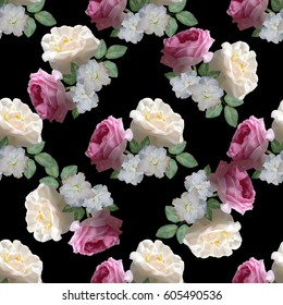 Seamless floral pattern with bouquet of roses and azaleas on black  background. Vector illustration.