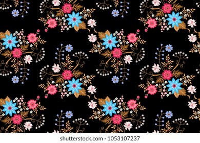 Seamless floral pattern with bouquets of  bright flowers isolated on black background in folk style. Vector summer design.