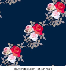 Seamless floral pattern with bouquets of gardening roses. Diagonal composition/ Vector illustration.