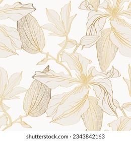 Seamless floral pattern with bouquets of golden line clematis flowers, buds, curly branches with leaves hand drawn isolated on a white background. Floral pattern.