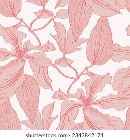 Seamless floral pattern with bouquets of line clematis flowers, buds, curly branches with leaves hand drawn background. Floral pattern.