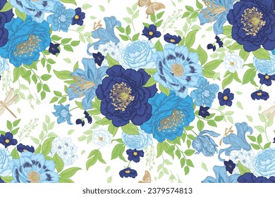 Patrón floral sin foco. Bouquets de flores de jardín de lujo, mariposas y libélulas sobre fondo blanco. Ilustración vectorial. Vintage. Plantilla para papel, papel pintado, textil.