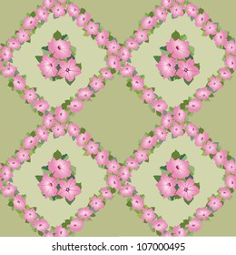 seamless floral  pattern with bouquets of pink flowers petunia on green background