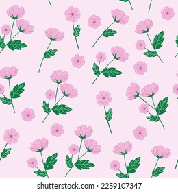 Seamless floral pattern with bouquets of pink flowers on a light background. Vector flowers with green leaves. Illustration.