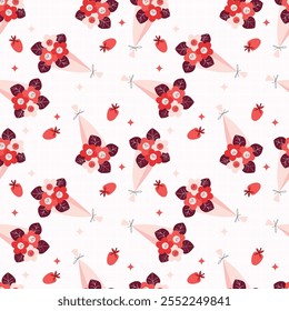 Seamless Floral Pattern With Bouquets and Red Petals on White Background