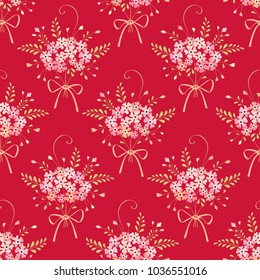 Seamless floral pattern with bouquets of small pink flowers and bows. Vector background for fabric, wallpaper, digital paper, fills, etc.