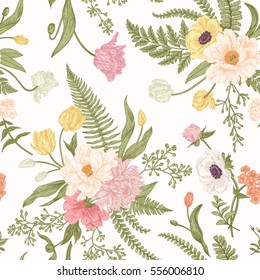 Seamless floral pattern with bouquets of spring flowers. Vintage background. Peony, ferns, tulips, anemones, chrysanthemum eucalyptus seeds. Pastel colors.