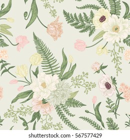 Seamless floral pattern with bouquets of spring flowers. Vintage background. Peony, ferns, tulips, anemones, chrysanthemum eucalyptus seeds. Pastel colors.