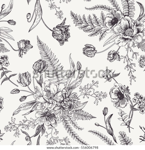 春の花の花束を持つシームレスな花柄 白黒のベクターイラスト ビンテージ背景 彫刻 牡丹 シダ チューリップ アネモネ ユーカリの種子 のベクター画像素材 ロイヤリティフリー